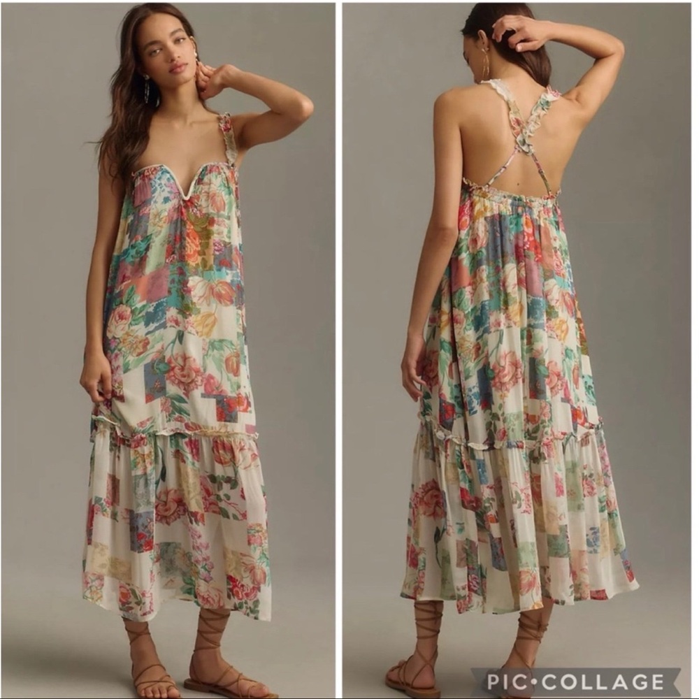 By Anthropologie Chiffon Shift Midi Dress in Medium Floral Maxi Dress